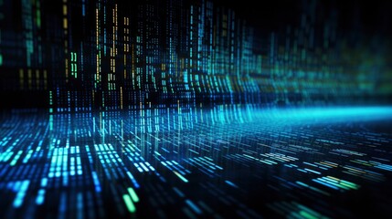 An abstract digital background with binary code and AI algorithms running in the background.