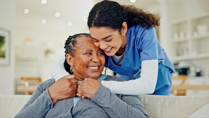 Canvas Print - Retirement, hug and elderly woman with caregiver for bonding, wellness and care in home. Nursing, healthcare and happy senior person with nurse in living room friendship, rehabilitation and helping