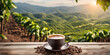Cup of coffee with smoke and coffee beans in burlap sack on coff. blurred Coffee plantation on the mountain.