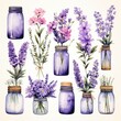 © MdHafizur - Collection of watercolor mason jars with purple flowers clipart.