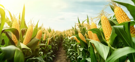 Closeup corn cobs in corn plantation field.