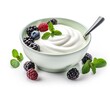 Green bowl of greek yogurt and fresh berries isolated on white background.