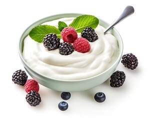 Wall Mural - Green bowl of greek yogurt and fresh berries isolated on white background.