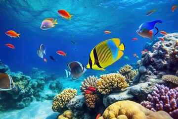 Wall Mural - Underwater world with corals and tropical fish.