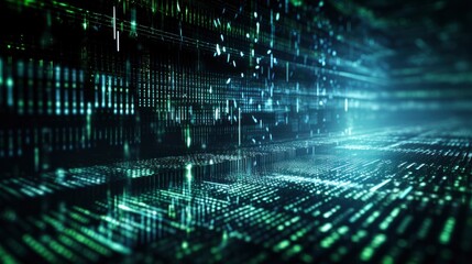 An abstract digital background with binary code and AI algorithms running in the background.