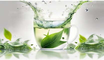 Green herbal tea wave splash with leaves flow.