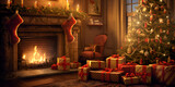 Fototapeta Przestrzenne - Cozy Christmas interior with a glowing tree, fireplace, and presents . Warm and Cozy Christmas Interior with Tree, Fireplace, and Presents