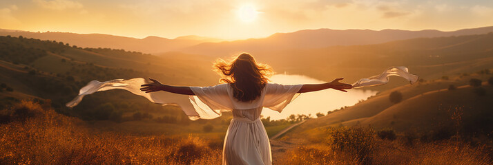 silhouette of a beautiful caucasian woman breathing on the edge of the abyss. enjoying, freedom and 