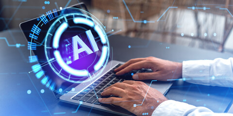 Poster - Man fingers typing on laptop, digital AI hologram with abstract circuit board