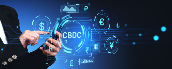 Poster - Woman hands with phone and CBDC interface