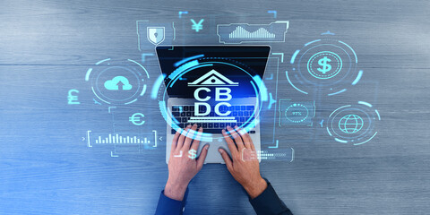 Poster - Man hands on laptop, CBDC glowing hologram hud with graph chart