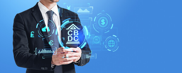 Poster - Man using smartphone, CBDC hologram hud with graph and indicators