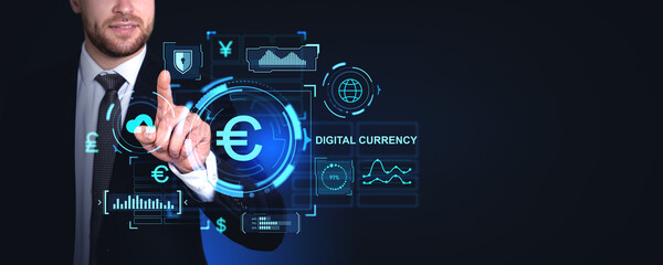 Poster - Businessman finger touching euro symbol on virtual screen, financial statistics