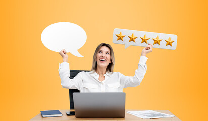 Happy holding a mock up cloud speech and five stars feedback sign