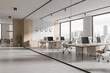 Corner and wooden open space office interior with clocks