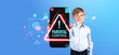 Boy holding phone display, hologram hud with parental control and warning sign