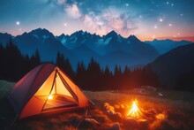 A Tent With A Campfire Outside In The Mountains On A Beautiful Night With Constellations In The Sky