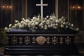 closeup shot of a casket in a hearse or chapel before funeral or burial at cemetery