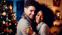 Happy Young Interracial Married Couple At Christmas Celebration. Christmas Tree With A Luminous Garland In The Background. Ai Generated