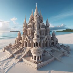 An intricate sandcastle on a tropical beach, photorealistic