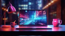 laptop on desk with black coffee and neon lights against a city view night scene