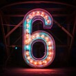 Number 6 six. Futuristic neon font, digital glowing symbol, logo on dark grunge background.
