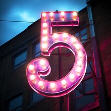 Number 5 Five. Futuristic Neon Font, Digital Glowing Symbol, Logo On Dark Grunge Background.