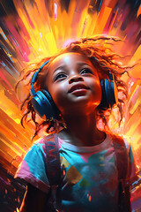 Wall Mural - Cute joyful girl listening music by headphones, colorful drawing, Ai generated