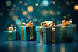 Green festive gift boxes on green background with beautiful bokeh