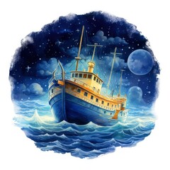 Night sea ship watercolor style for T-shirt design.