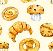 Seamless pattern with bakery products. Hand-drawn illustration isolated on the white background