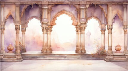 watercolor illustration Indian wedding backdrop, architectural beauty of a palace