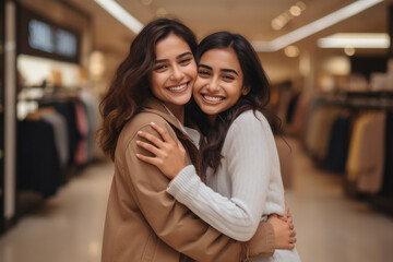 two female friends hugging each other and laughing