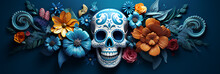 Blue And Orange Floral White Skull Design On Dark Blue Background Banner Dia De Los Muertos