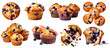 Blueberry muffin muffins on transparent background cutout, PNG file. Many assorted different design angles. Mockup template for artwork