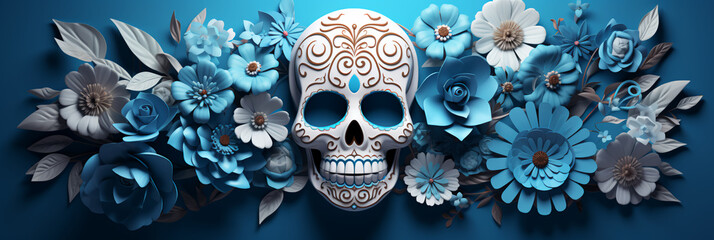 Blue and white floral white skull design on blue background banner dia de los muertos