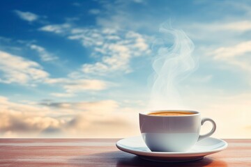 Hot coffee with smoke in the morning under blue sky.