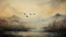 Flock Of Birds Flying  Over The Lake In The Mist