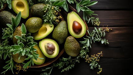 Avocado on rustic wooden table. Raw Fruits healthy green food. Avocados on dark background with copy space top view