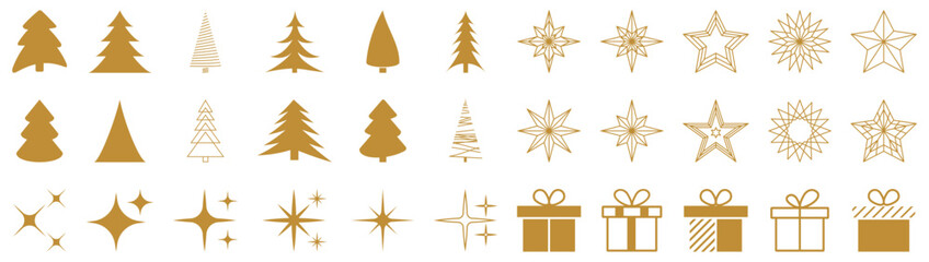 Wall Mural - Simple Christmas golden geometric minimalist elements and icons. Happy new year decorations elements. Vector illustration isolated on white background