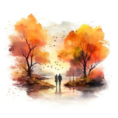 Watercolor autumn landscape with a couple walking.