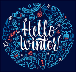 Wall Mural - Hello Winter text. Winter background with hand drawn winter elements and text made with brush and ink. Winter Card with Leaves and Branches Vector Illustration