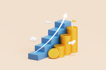 Wall Mural - Money ladder success business growth concept profit staircase step wealth finance strategy investment stairs development financial arrow 3d background increase potential goal cash coin productivity.