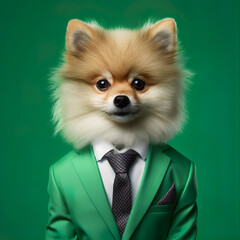 Pomeranian dog in suit isolated on turquoise blue background. Generative AI image illustration. Beautiful animals looks like humans concept