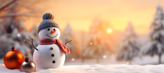 Snowman on the background of the night city. Christmas background.