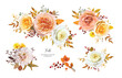 Elegant, floral bouquet. Fall watercolor flowers. Peach, yellow, white roses, cream dahlia, red berry, autumn leaves. Editable, vector illustration. Thanksgiving, wedding invite, greeting elements set