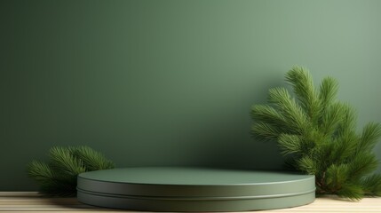 Green product display pedestal/display/podium. Stylised 3D rendering. AI generated design. 