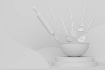 Poster - Abstract scene or podium with bowl and kitchen utensil on monochrome.