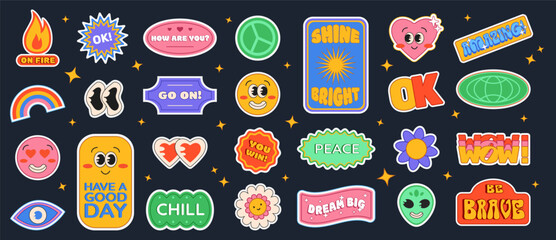 Poster - Retro Y2K sticker set with smile faces, characters, badges and small banners with cool cheering short phrases. Vector illustrations.