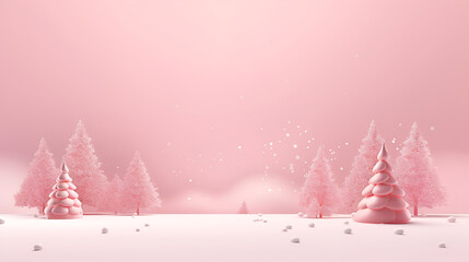 Wall Mural - Christmas and New Year minimalism monochrome background in pastel pink colors. Pink Christmas trees in a snowy forest and Christmas pink decorations on a light background with copy space for text.